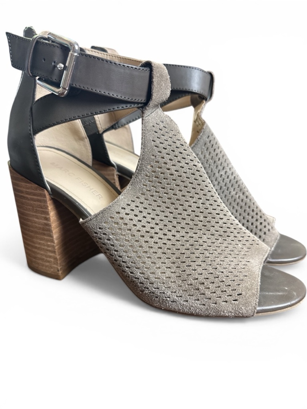 Marc Fisher Gabie Gray Perforated Ankle Strap Block Heel Peeptoe Sandal Size 8.5